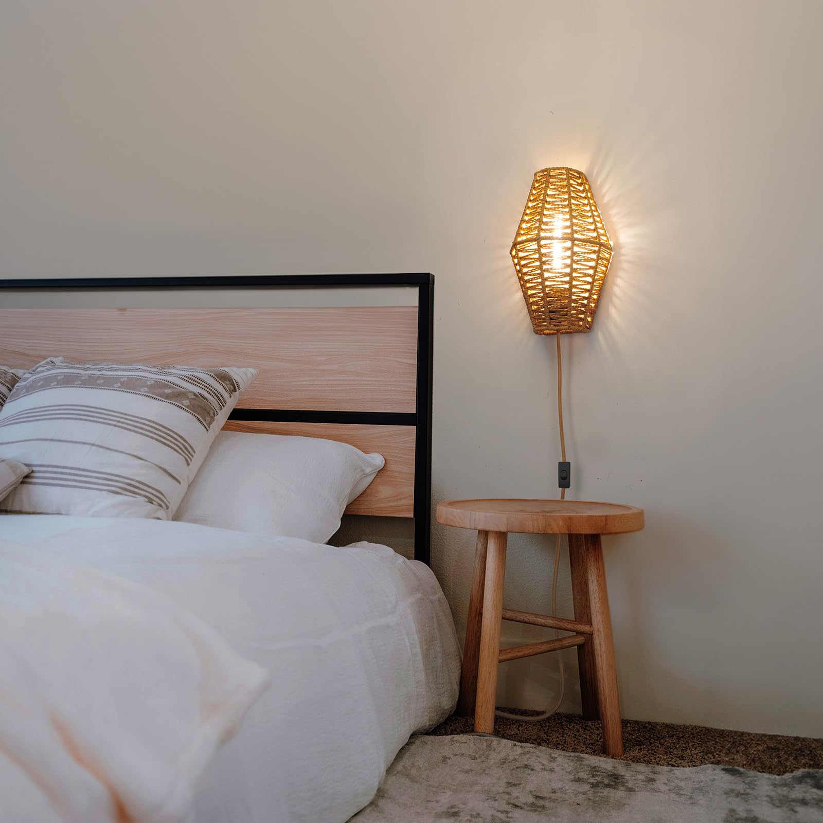 Plug-in Wall Sconce Handwoven Bohemian Wall Decor with Switch and Bulb, Wall Lights Fixtures for Bedroom Living Room Hallway Porch 