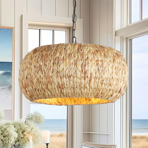 Hand-Woven Boho Pendant Light, 17.7" 5-Light Bohemian Rattan Lighting Fixture Natural Weaving Hanging Ceiling Light Coastal Wicker Chandelier for Kitchen Island Living Dining Room Restaurants 