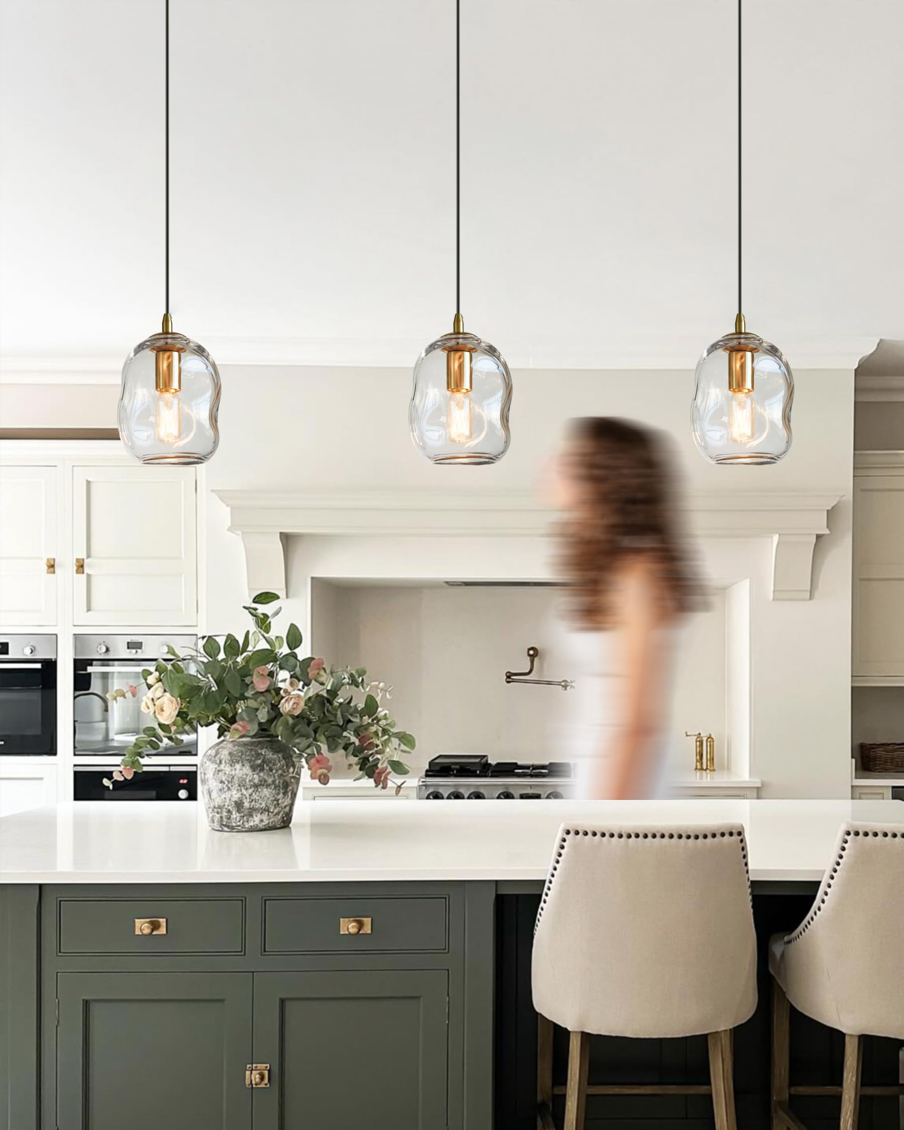 Pendant Lights Kitchen Island Modern Clear Glass Organic Globe Gold Kit Ceiling Hanging Light Fixtures Bar Counter Porch Patio Over Sink Dining RoomTable 7.6 Inch Height 