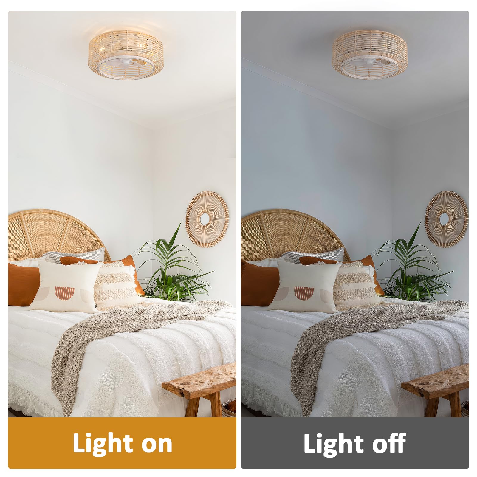 20 Inch Boho Rattan Ceiling Fan with Light,Flush Mount Ceiling Fan with Light and Remote Control,Enclosed 6-Speed Reversible Motor for Bedroom, Kitchen, Dining Room 