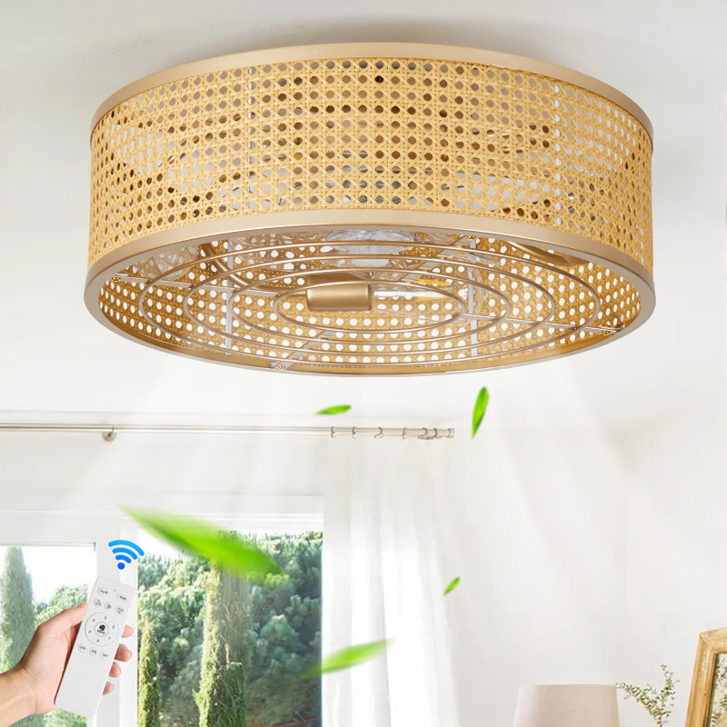 20 Inch Boho Caged Ceiling Fans with Lights Flush Mount, Layered Rattan Ceiling Fan with Light Remote Control with Reversible 6 Speeds for Bedroom, Nursery, Living Room, E12 Base, Indoor 