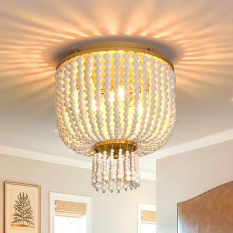 3 Light 12 Inch Boho Light Fixtures Ceiling Wood Beaded Flush Mount Ceiling Light Bohemia Wood Beaded Chandelier Natural Wood Beaded Chandelier Boho Light Fixture for Living Room 