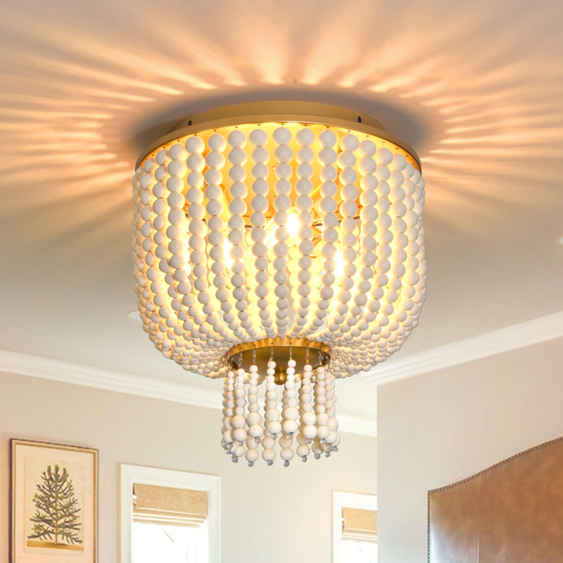 3 Light 12 Inch Boho Light Fixtures Ceiling Wood Beaded Flush Mount Ceiling Light Bohemia Wood Beaded Chandelier Natural Wood Beaded Chandelier Boho Light Fixture for Living Room 