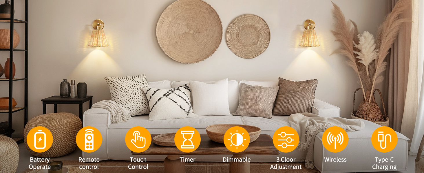 Rattan Rechargeable Battery Operated Wall Sconces Set (1)