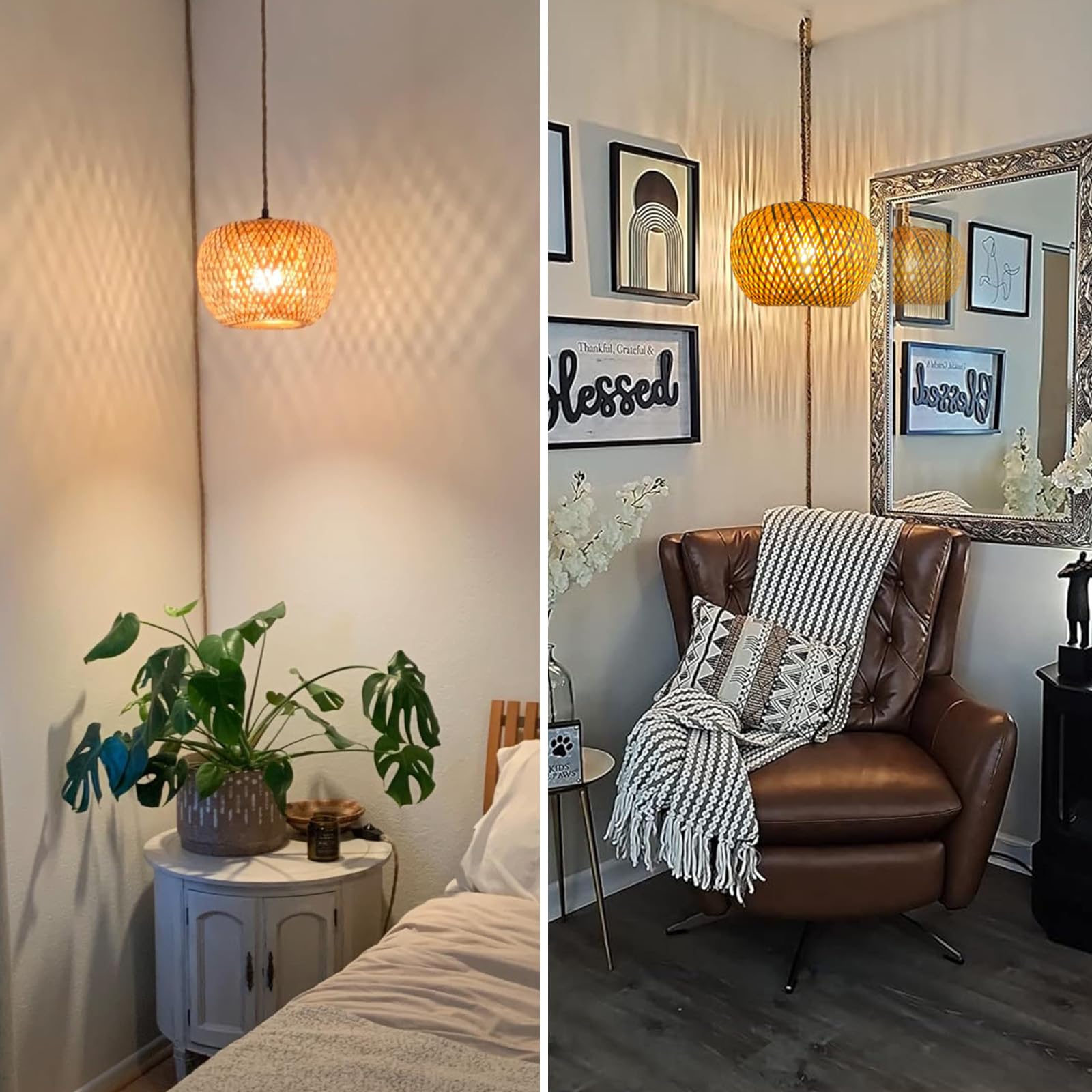 Plug in Pendant Light Fixture with Hand Woven Bamboo Lamp Shade Dimmer Switch Hanging Lights with Plug in Cord Boho Wicker Rattan Hanging Lamp for Living Dinning Room Bedroom Kitchen Island 