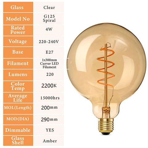 Spiral LED Edison Bulbs E27 Screw, Non Flicker, 4W Retro Filament LED Vintage Light Bulbs, Soft Warm White 2200K,Amber Glass, 40 Watts Equivalent, Amber Tungsten Lamp