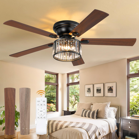 56 Inch Farmhouse Chandelier Ceiling Fan with Remote Control, Black Indoor Crystal Ceiling Fan with 6-Speeds, Quiet Reversible DC Motor, Flush Mount Ceiling Fan with Lights for Bedroom, Living Room 