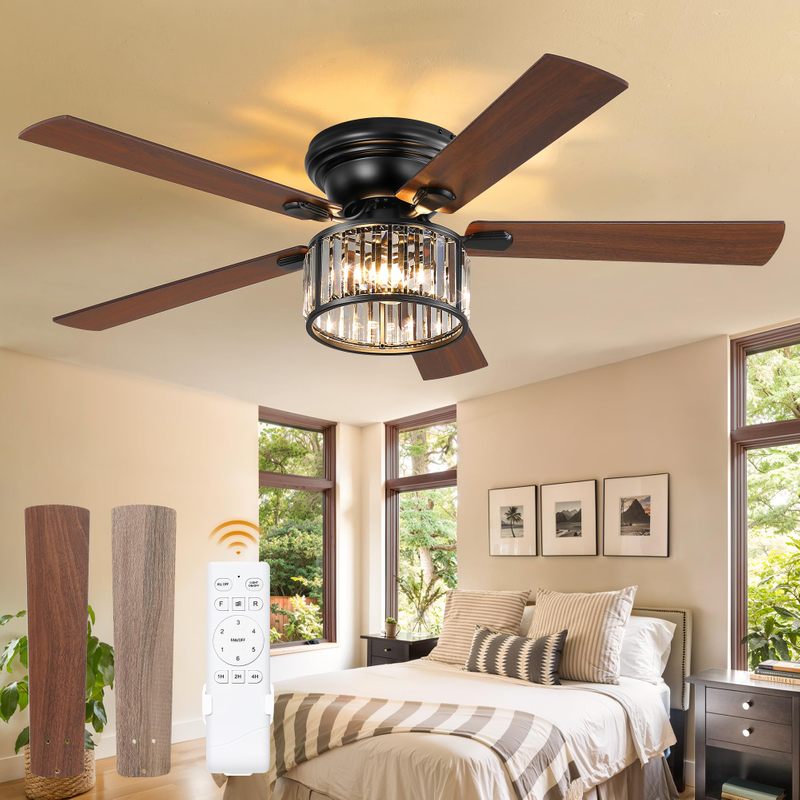 56 Inch Farmhouse Chandelier Ceiling Fan with Remote Control, Black Indoor Crystal Ceiling Fan with 6-Speeds, Quiet Reversible DC Motor, Flush Mount Ceiling Fan with Lights for Bedroom, Living Room 