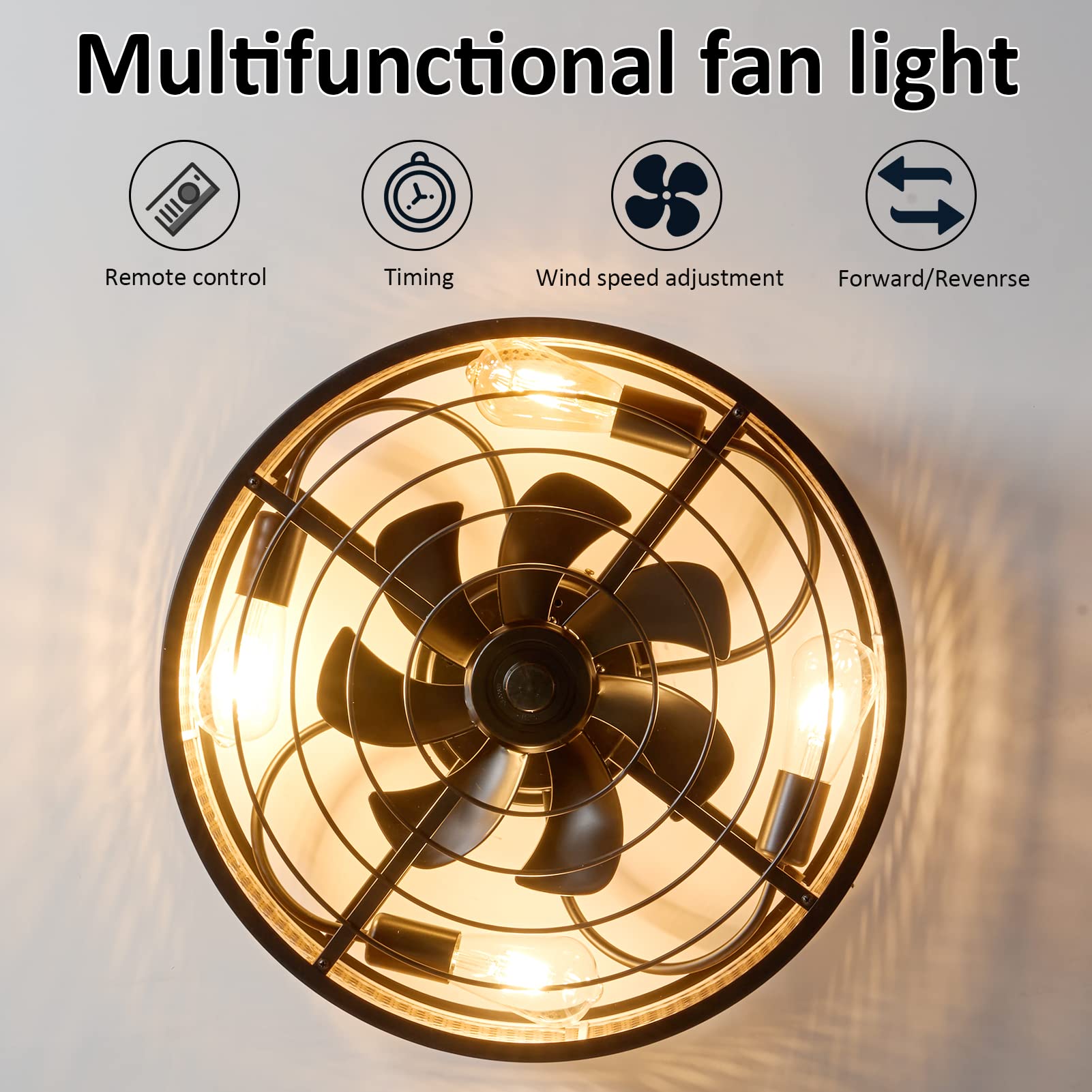 Rattan Boho Ceiling Fan with Light Flush Mount, 20 Inch Caged Ceiling Fans with Light and Remote Control, Low Profile Enclosed 6 Speeds for Bedroom Kitchen Living Room 