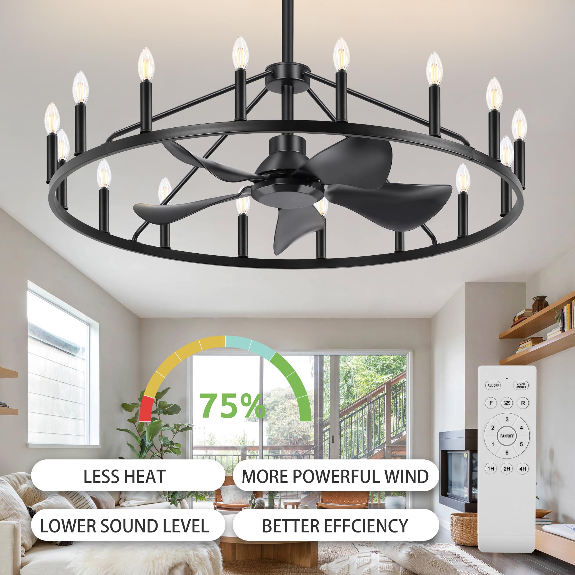 43" Wagon Wheel Ceiling Fan with 16-Lights, Adjustable Height Farmhouse Fandelier Chandelier for Living Room, E12 Bulb Compatible, Perfect for Summer Cooling and Winter Air Circulation 