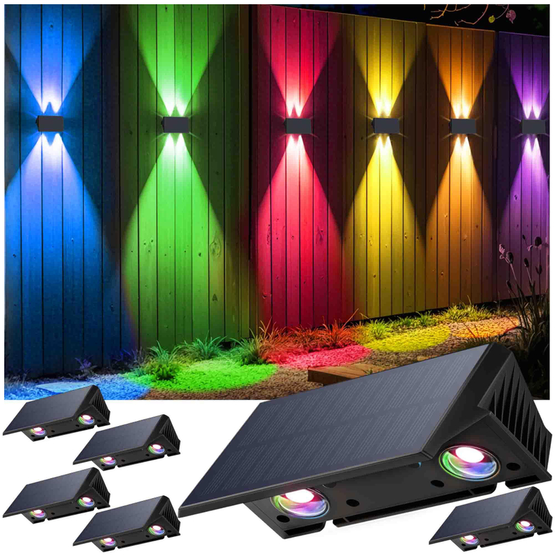  Solar Fence Lights, Fence Lights Solar Powered Warm White & RGB, Up & Down Solar Wall Lights Outdoor, Waterproof Solar Lights 120 Lumens Bright Dusk to Dawn for Yard/Pool/Porch/Patio/Railing