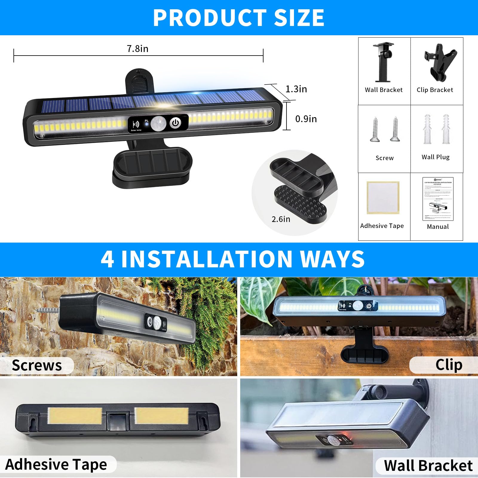 Clip On Solar Motion Lights Outdoor Waterproof, Solar Fence Lights Outside with 36 LEDs, 6000K, Portable Solar Powered Security Light for Fence Garage Camping 