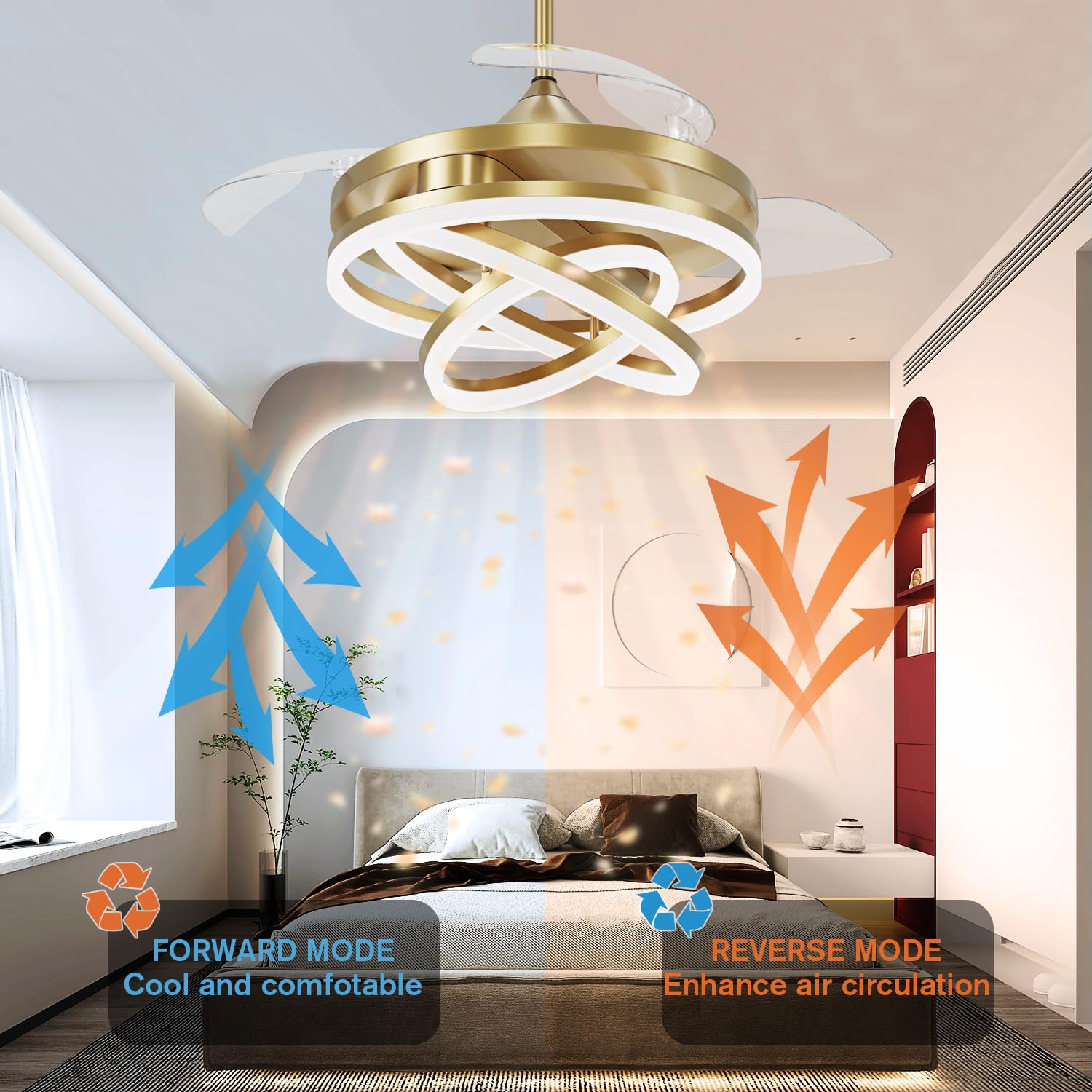 Retractable Ceiling Fan, 42 Inch Chandelier Ceiling Fan with Light, Modern Fandelier Ceiling Fan for Bedroom Living Room Dinning Room, Reverse Motor, 3 Color, 6 Wind Speed
