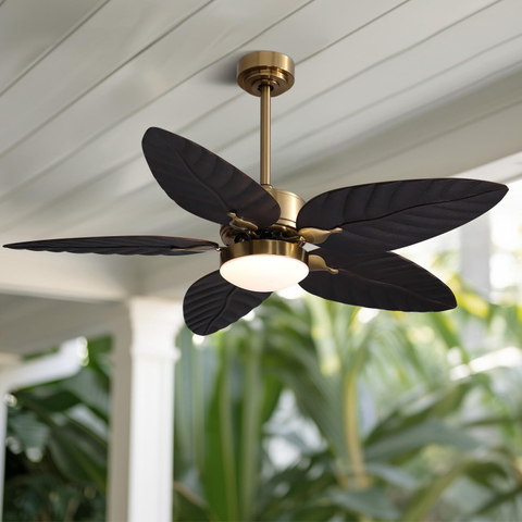  52" Tropical Ceiling Fans with Lights, Indoor Outdoor Black Ceiling Fan with Remote/APP Control, Flush Mount 5 Palm Leaf Ceiling Fan Light for Bedroom Dining Room Living Room Patios, 6 Speeds Visit t