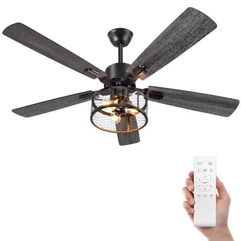  52 Inch Farmhouse Ceiling Fan with Lights and Remote,3-Lights Ceiling Fan with Caged Light Fixture,Rustic Ceiling Fan for Patio, Livingroom, Bedroom, Dining Room 