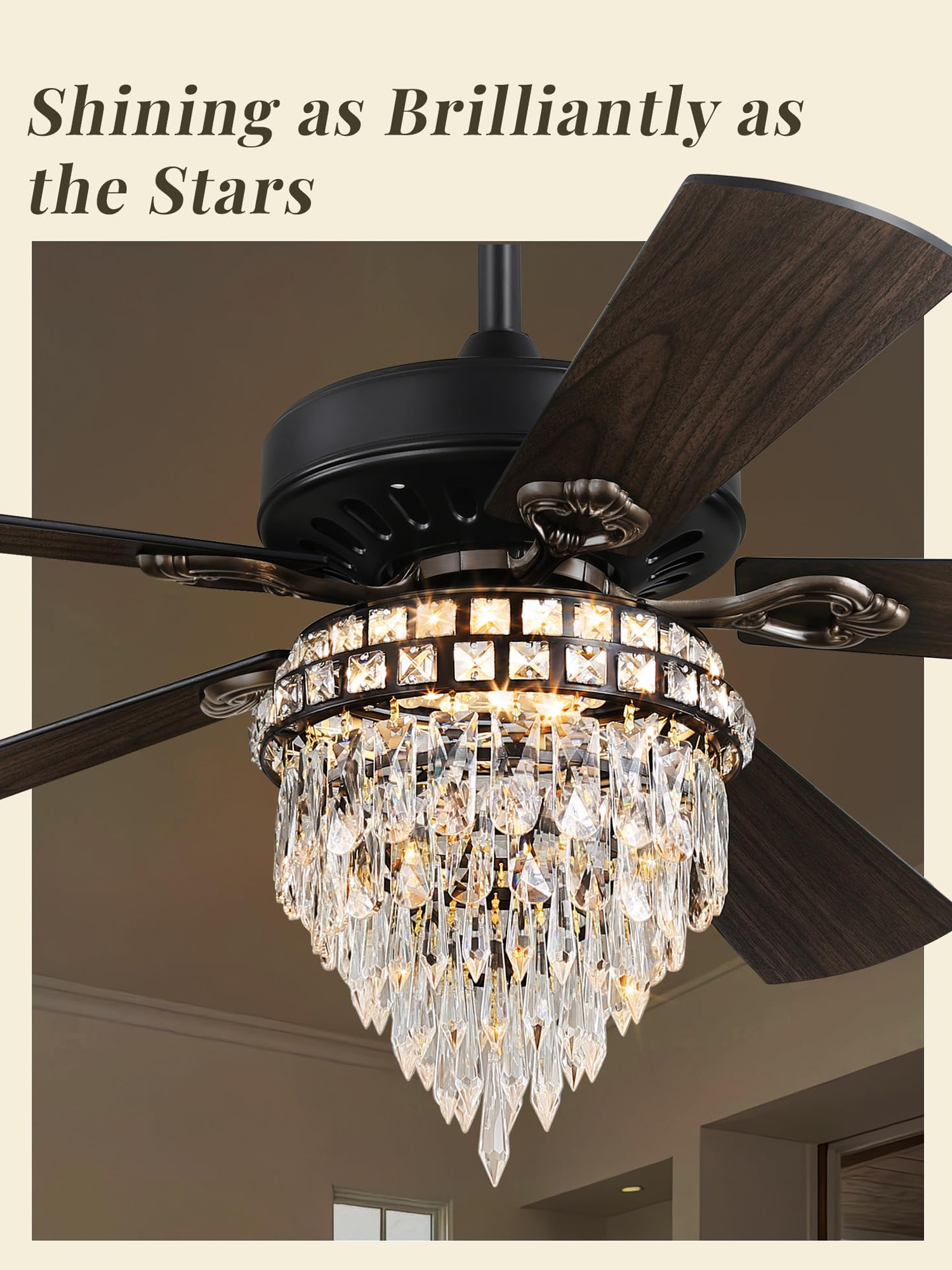 52 Inch Farmhouse Fandelier Ceiling Fan with Light, Crystal Ceiling Fan Chandelier with 6 Speeds, Quiet Reversible Noiseless DC Motor, 3CCT, Indoor Ceiling Fan for Living Room Bedroom 