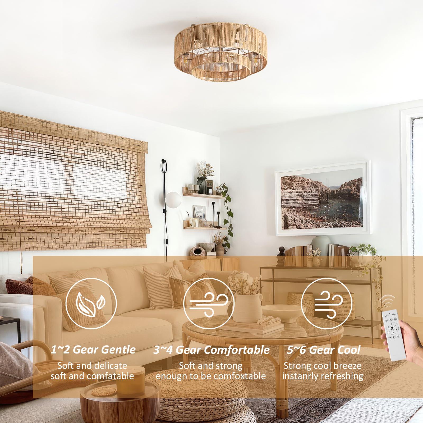20 Inch Boho Caged Ceiling Fans with Lights Flush Mount, Layered Rattan Ceiling Fan with Light Remote Control with Reversible 6 Speeds for Bedroom, Nursery, Living Room, E12 Base