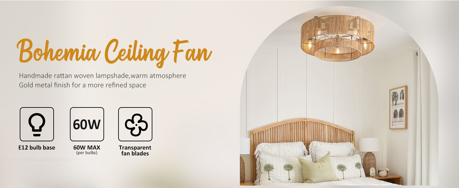 20 Inch Boho Caged Ceiling Fans with Lights Flush Mount, Layered Rattan Ceiling Fan with Light Remote Control with Reversible 6 Speeds for Bedroom, Nursery, Living Room, E12 Base, Indoor (10)