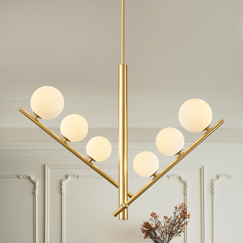 Modern Chandelier, 6/12 Lights Sputnik Chandelier Mid Century Chandelier with Milk Glass Shade Large Ceiling Pendant Light Fixture for Living Dining Room Foyer Bedroom