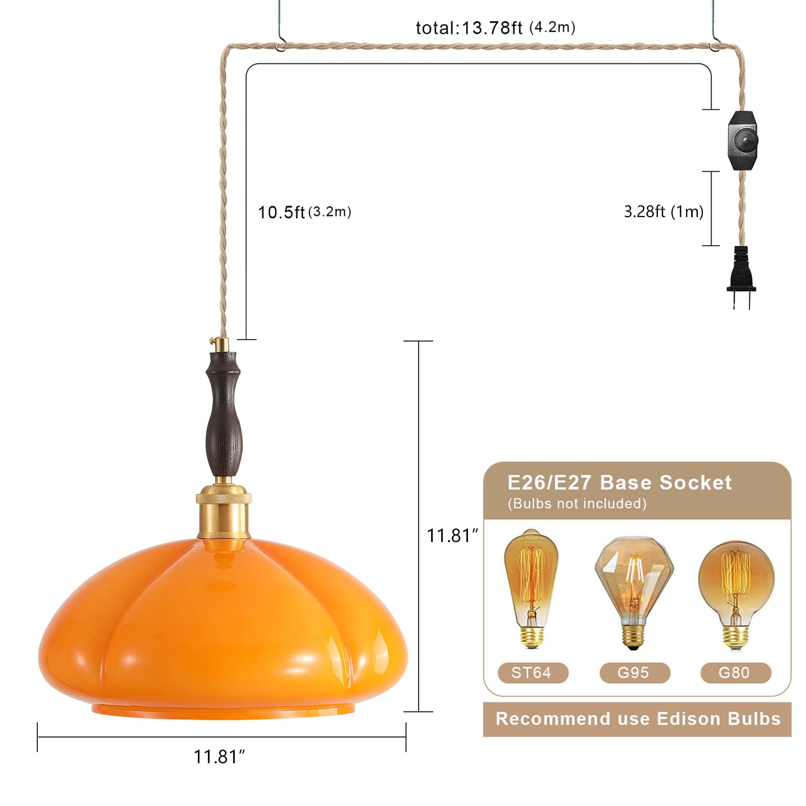 Glass Antique Gold Plug in Pendant Light Fixture with 14ft Handmade Woven Light Cord, Dimmable Switch, Vintage Orange Glass Round Brass Hanging Lamp for Kitchen Island Farmhouse Dining Room 