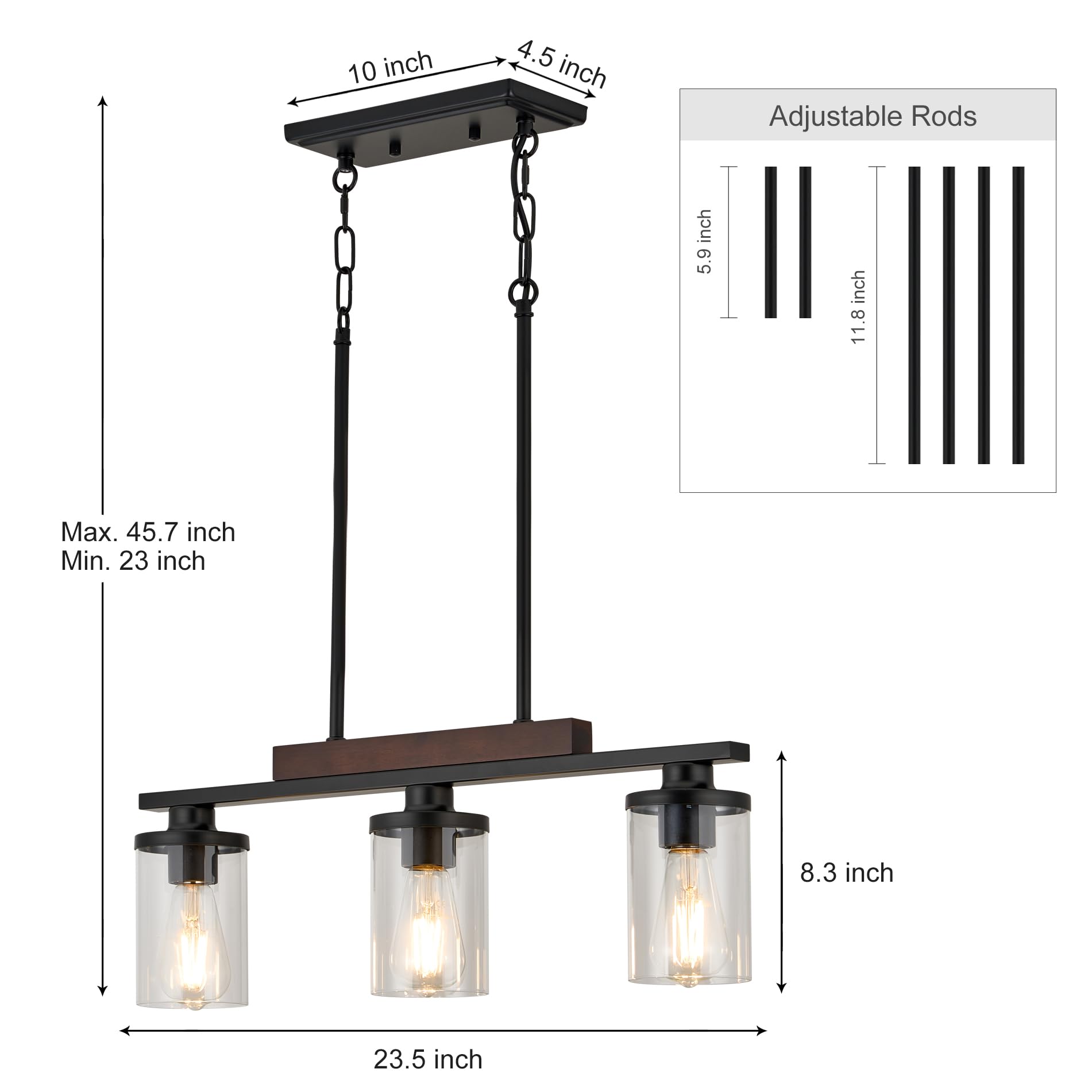 Wood Island Light for Kitchen/Restaurant,3/4/5/6-Light Farmhouse Dining Room Fixture/Chandelier Over Table/Bar,Matte Black Industrial Linear Pendant Lighting Fixtures Ceiling Hanging with Glass Shade-
