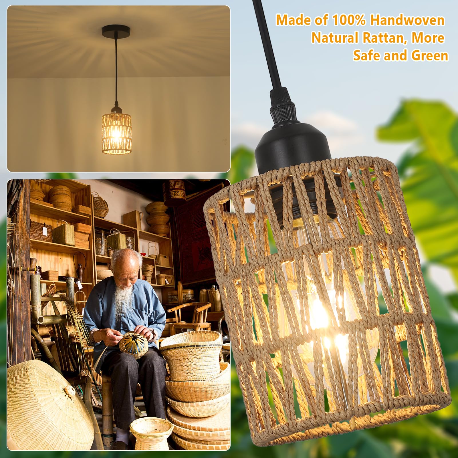Rattan Pendant Lights Kitchen Island, Farmhouse Pendant Lighting with Hand Woven Wicker Shade, Boho Chandelier Light Fixtures Ceiling Hanging for Dining Room Bedroom Foyer Hallway 