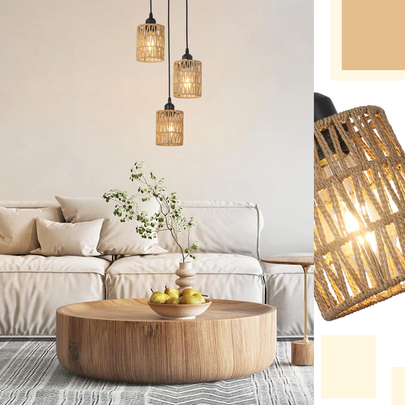 3 Lights Rattan Pendant Light, Farmhouse Dining Room Light Fixtures Ceiling Hanging, Boho Pendant Lighting with Hand Woven Wicker Shades for Kitchen Island Living Room Bedroom Foyer Hallway 