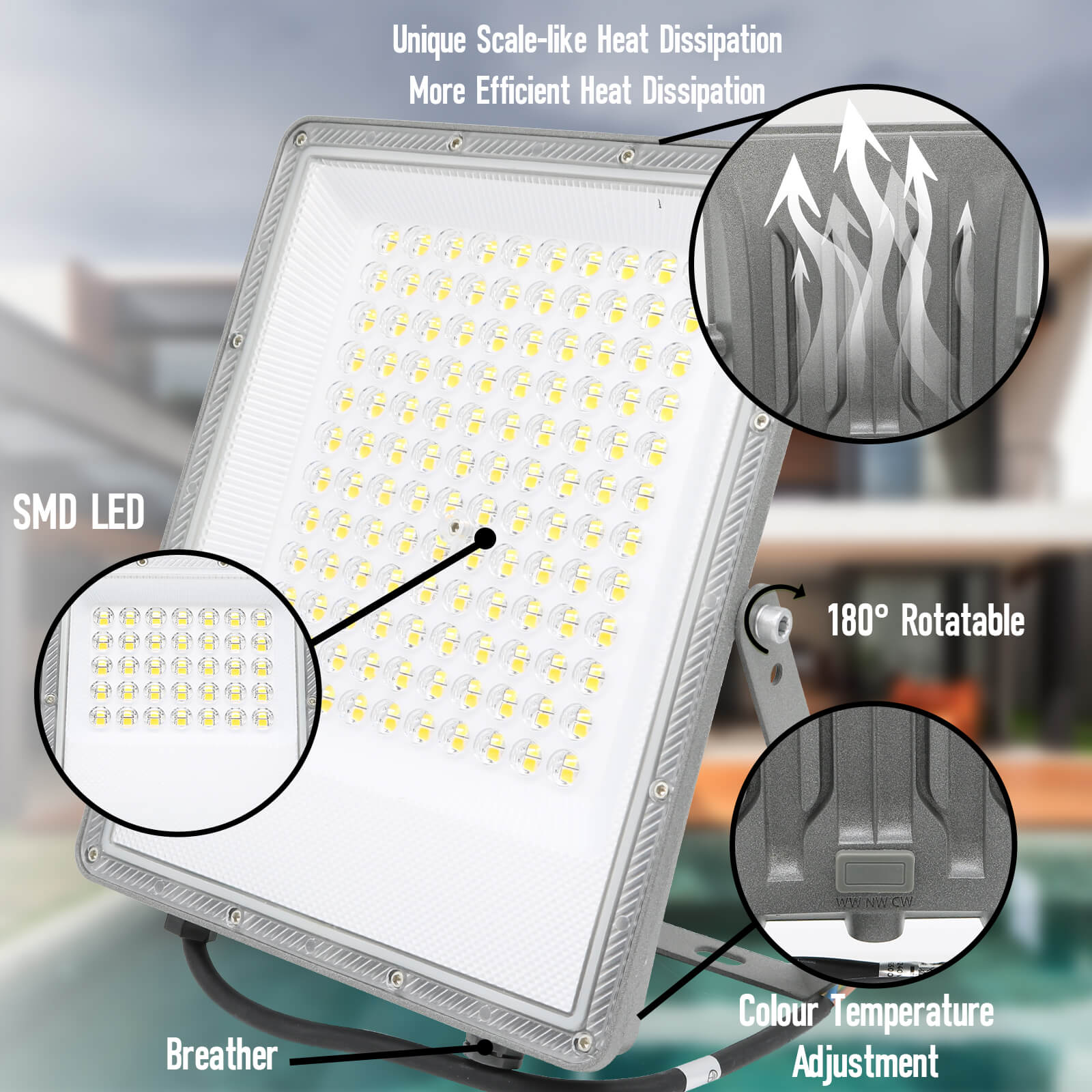 100W Led Floodlight Outdoor 10000LM Safety Lamp Waterproof IP65 Security Light Work Lighting 3CCT(3000K-4000K-6500K) Led Flood Light for Garage, Garden, Backyard