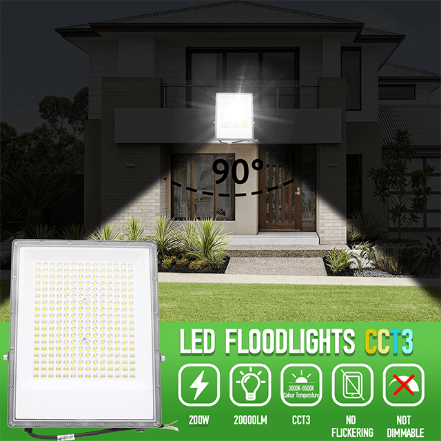 200W Led Floodlight Outdoor 20000LM Safety Lamp Waterproof IP65 Security Light Work Lighting 3CCT(3000K-4000K-6500K) Led Flood Light Outside for Garage, Garden, Backyard