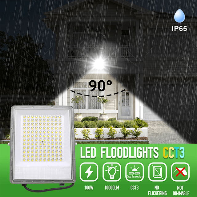 100W Led Floodlight Outdoor 10000LM Safety Lamp Waterproof IP65 Security Light Work Lighting 3CCT(3000K-4000K-6500K) Led Flood Light Outside for Garage, Garden, Backyard