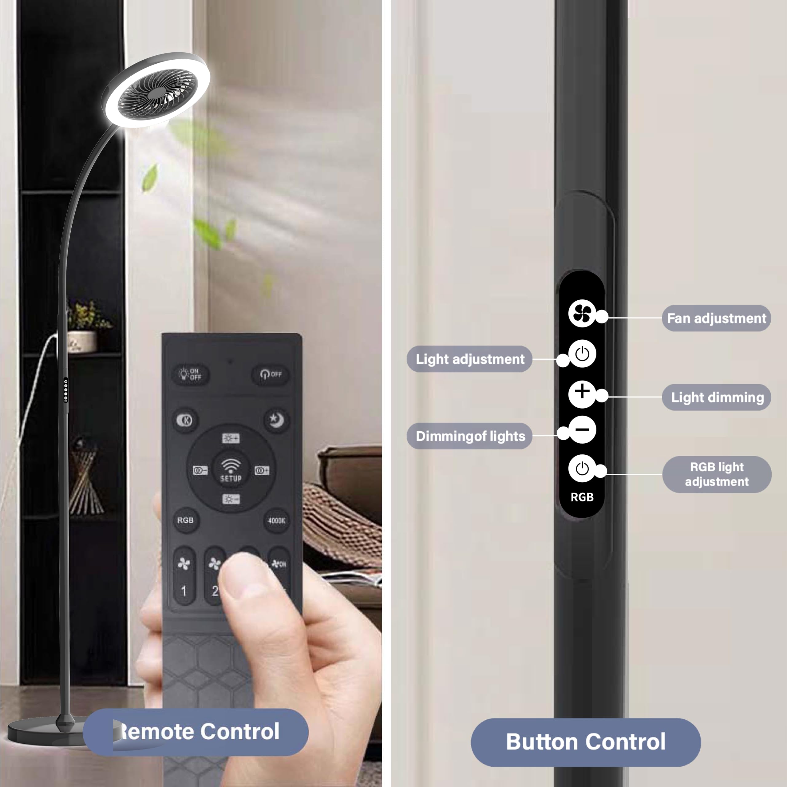  Floor Lamp with Fan Fan Light with RGB 18w/1500lm LED Floor Famp, Stepless Adjustable 3000K-6000K Color and Dimmer, Remote and Button Control, Adjustable Gooseneck Gloor Lamp 