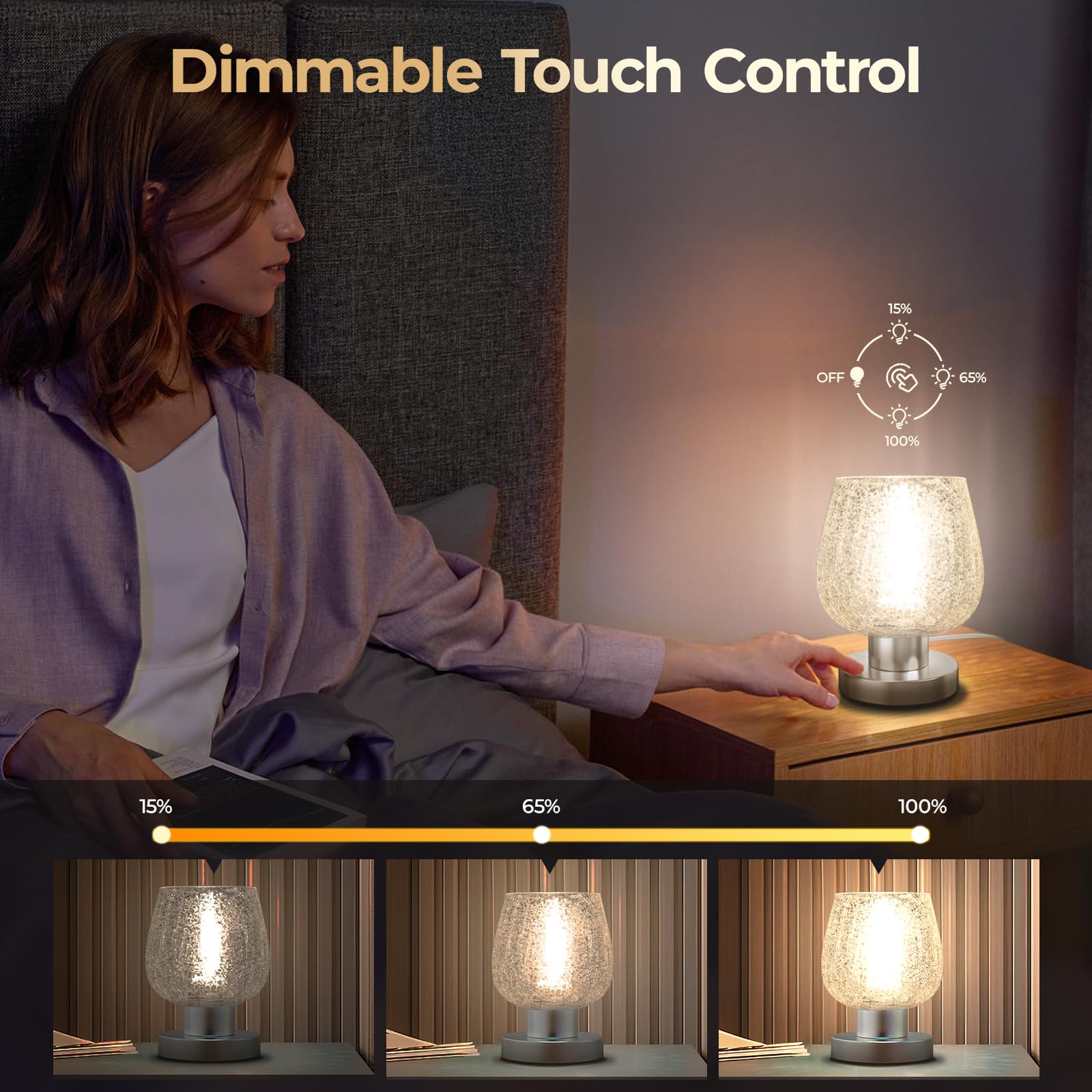 Touch Bedside Table Lamp for Bedroom Nightstand, Vintage Small Touch Lamp with Decorative Stained Glass Shade, Ambient LED Bulb, 3-way Dimmable Nightlight for Read, Retro Holiday Birthday Gifts 