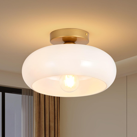  Mid-Century Modern Gold Semi Flush Mount Ceiling Light, Kitchen Ceiling Light Fixture with Glass Shade, Vintage White Close to Ceiling Lamp for Entryway Hallway Bathroom 