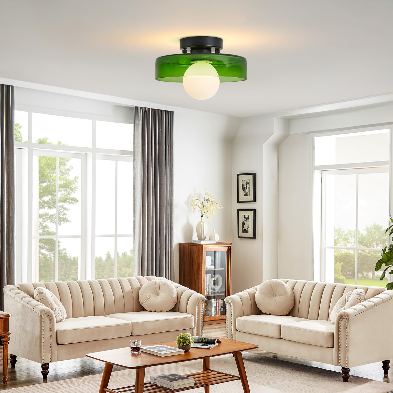 Mid Century Glass Semi Flush Mount Ceiling Light with Milk Globe Nordic Modern Green Hallway Lighting Fixtures Round Bedside Wall Mount Lamp for Bedroom Cloakroom Stairway 