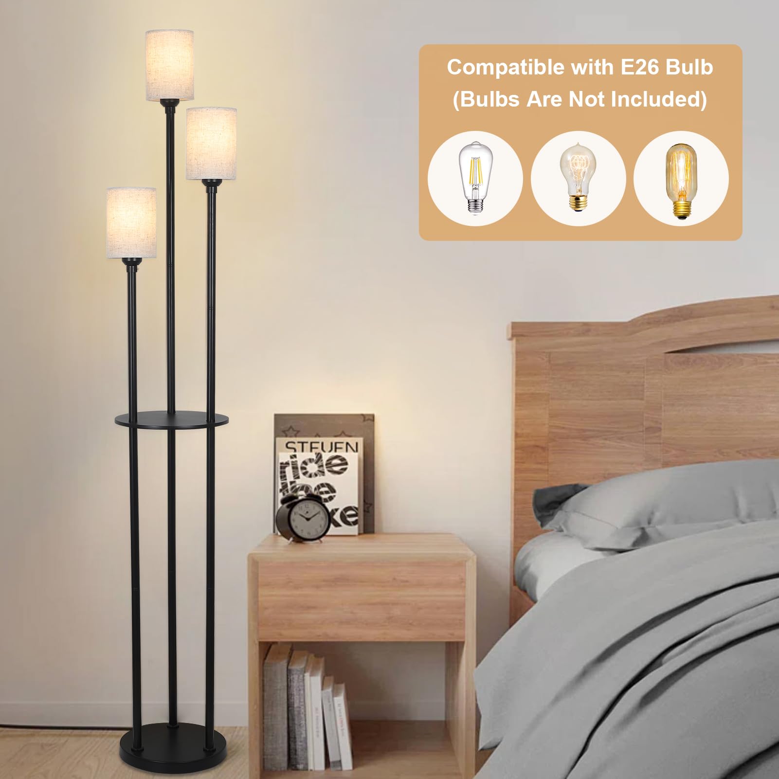 Floor Lamp with Shelves, Modern Floor Lamps for Living Room, 3-Lights Standing Lamp with Linen Shade and Foot Switch, Industrial Standing Lamps for Bedroom, Black Tall Table Lamp for Office 
