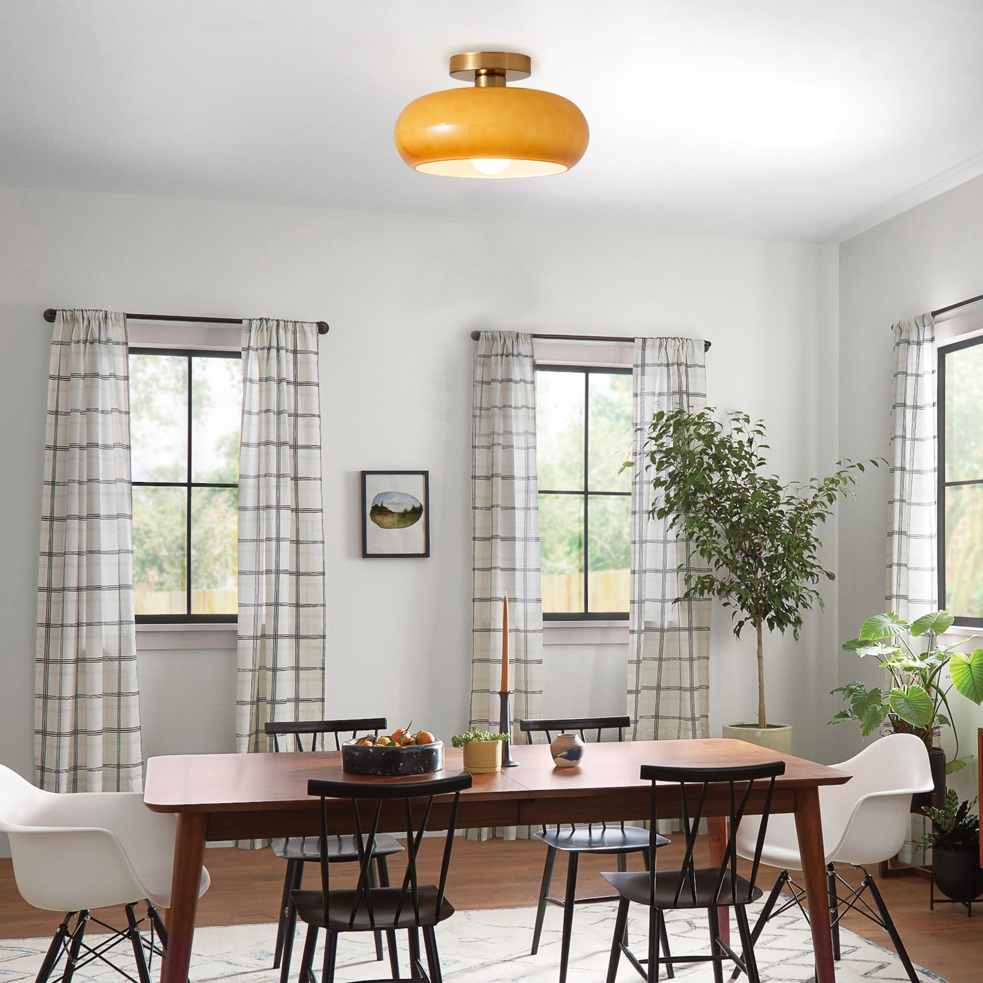 Semi Flush Mount Ceiling Light Fixture Gold Mid Century Modern Ceiling Lighting with Orange Dome Glass Shade Hallway Light Fixtures Ceiling Lamp for Bedroom Living Dining Room Kitchen 