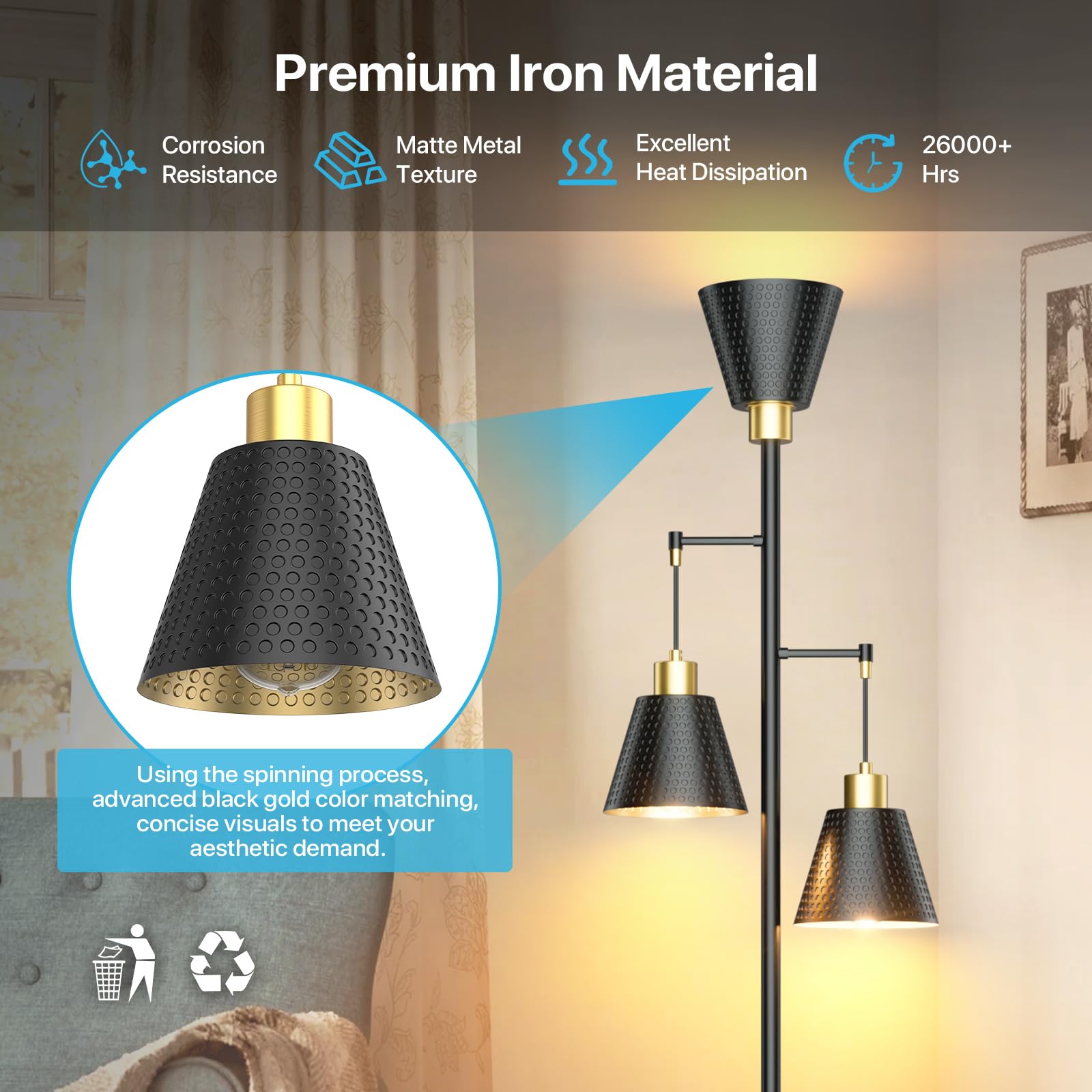 Floor Lamps for Living Room - Black Floor Lamp with Cage Shade 70'' Standing Lamps for Living Room Corner Floor Lamp with 3 LED Bulbs Rustic Floor Lamp