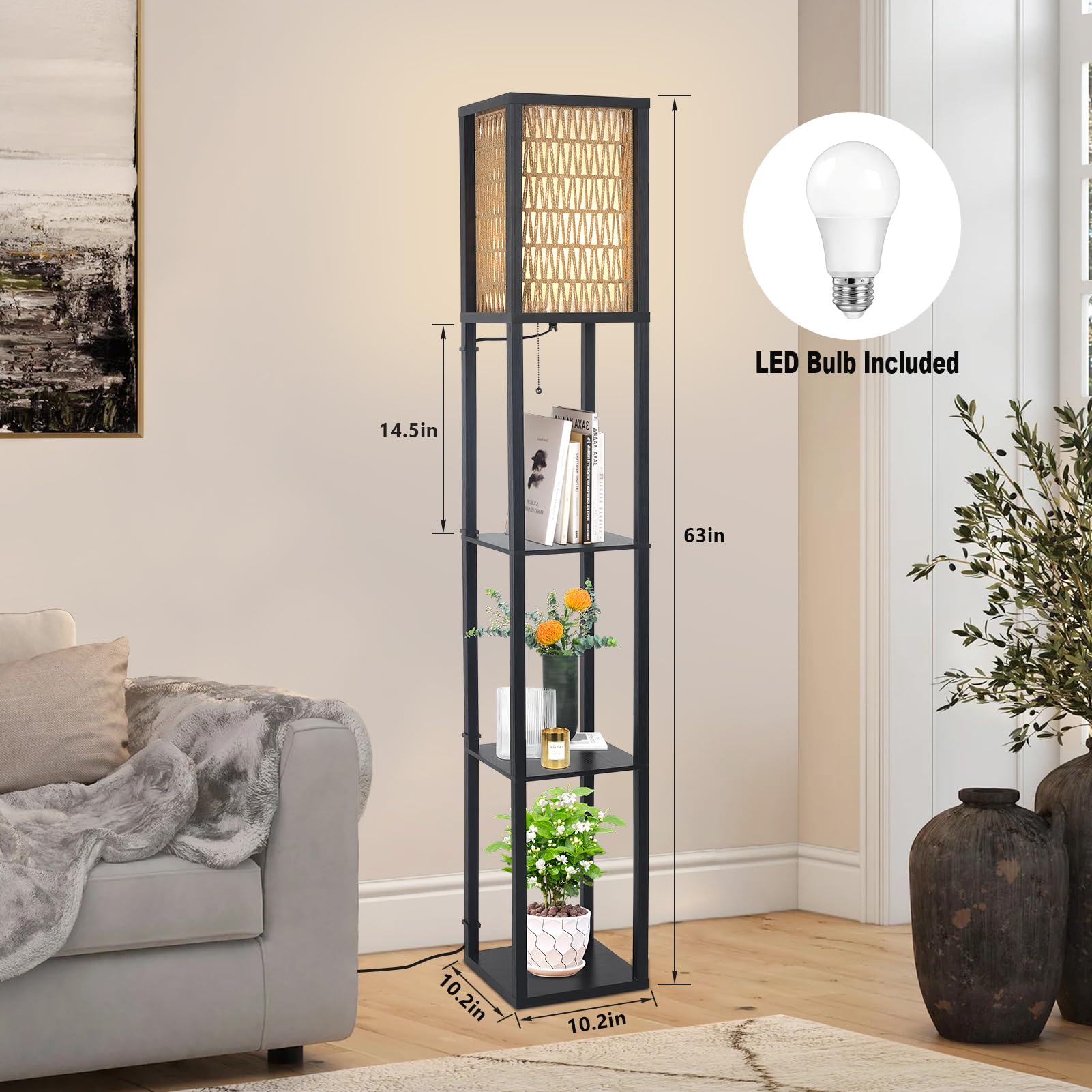 Floor Lamp with Shelves, Corner Floor Lamps for Living Room, Boho Floor Lamp with LED Bulb & Double Shades, Rattan Standing Lamp for Bedroom Office, Shelf Tall Lamp for Storage Display, Home Decor 