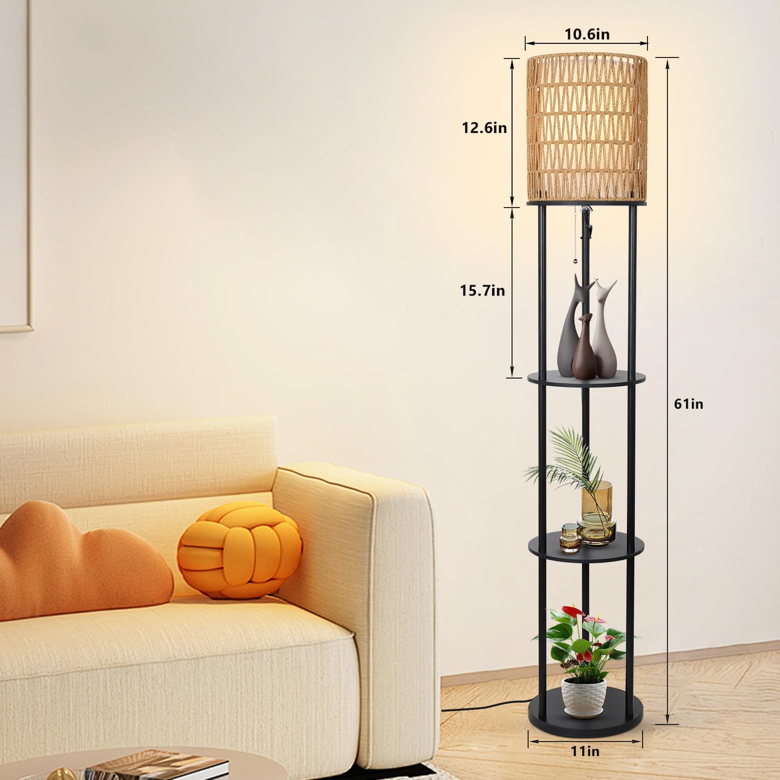 Floor Lamp with Shelves, Corner Floor Lamps for Living Room, Boho Floor Lamp with Double Shades, Rattan Standing Lamp for Bedroom Office, Shelf Tall Floor Lamp for Storage Display