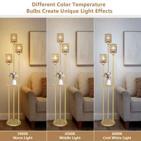 Boho Floor Lamp with Shelves, 3-Lights Farmhouse Tall Floor Lamp with ON/Off Foot Switch, Gold Modern Floor Lamps with Rattan Shades, Rustic Standing Lamp for Living Room, Bedroom, Office 