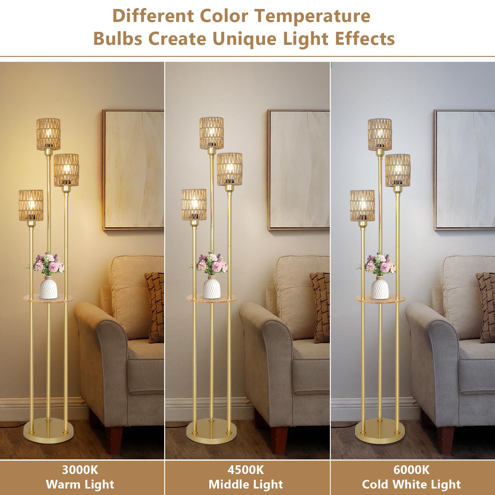 Boho Floor Lamp with Shelves, 3-Lights Farmhouse Tall Floor Lamp with ON/Off Foot Switch, Gold Modern Floor Lamps with Rattan Shades, Rustic Standing Lamp for Living Room, Bedroom, Office 