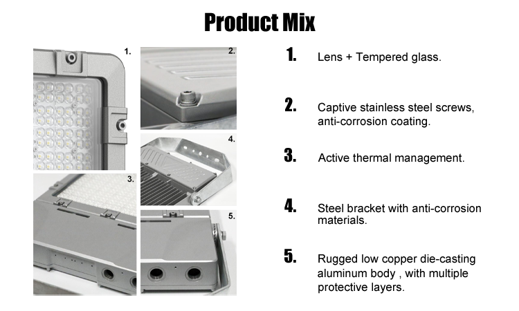 8. Lens+Steel Bracket Made of Toughened Glass Anticorrosive Material Low Copper Die-casting Aluminum Wholesale fuselage LED explosion-proof floodlight 150W 200W 240W 5000K IP66 waterproof and dustproof IK08 explosi