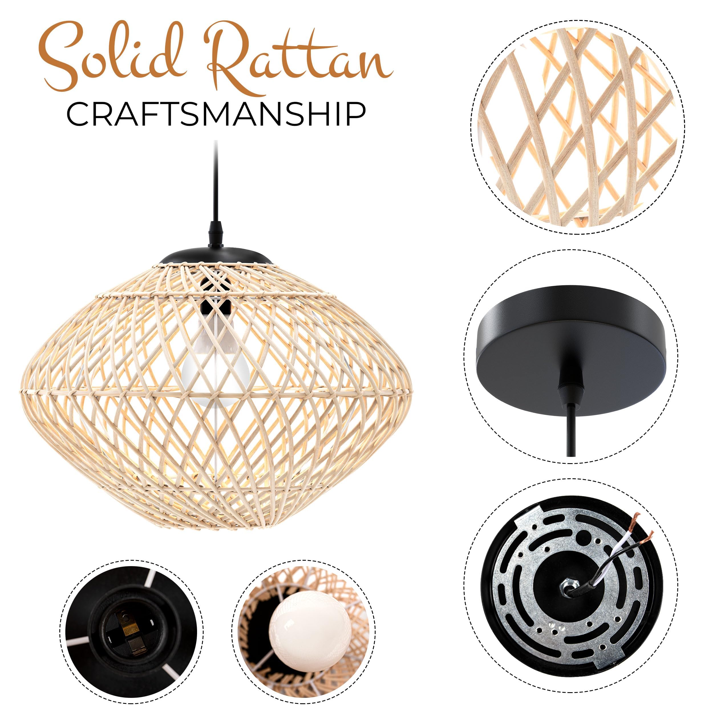 15.7” Large Rattan Chandelier for Dining Room - Boho Light Fixture Kitchen Island - Rattan Pendant Light for Bedroom - Coastal Pendant Light - Rattan Basket Light Fixture - Wicker Chandelier 