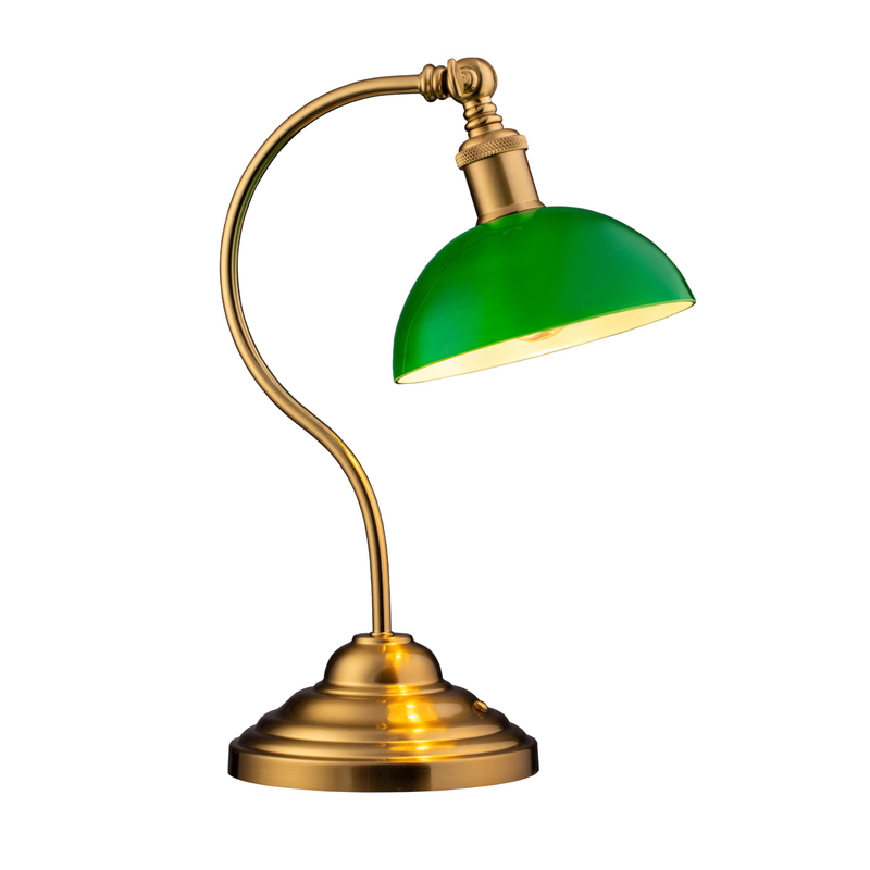 Cordless LED Table Lamp, Battery-Operated, Rechargeable, 3-Level Dimming, Universal USB-C Charging, 180° Swivel Head, Classic Glass Shade, Antique Brass 