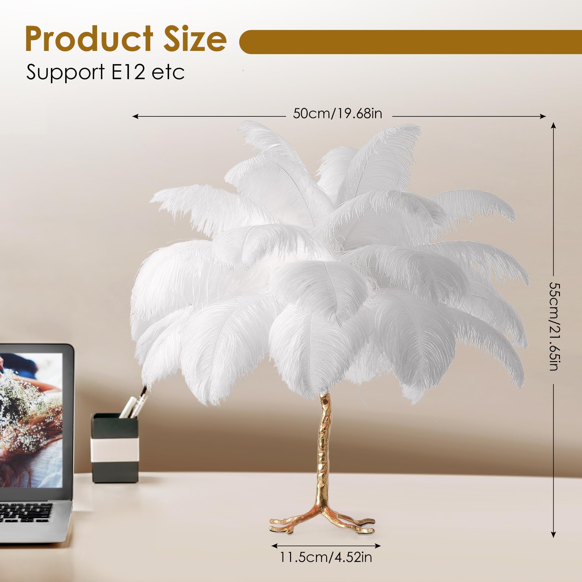 Real Ostrich Feather Table Lamp with Plug in Wire Modern Feather Lamp 3-Light Bedside Table Lamp for Living Room, Bedroom and Office 24” Tall Feather Desk Lamp