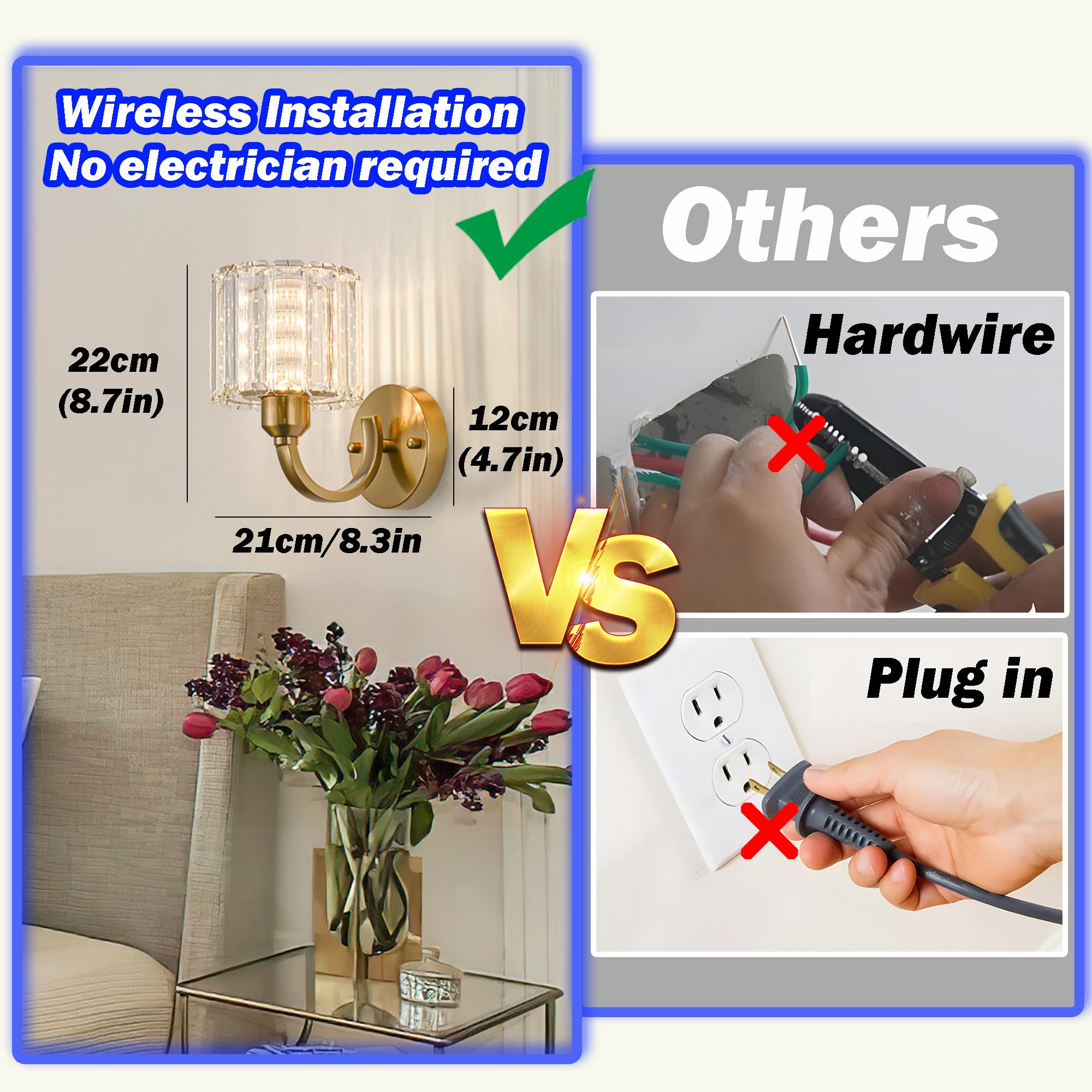 Wall Sconces Battery Operated Wall Lights Set Of Two, Wireless Rechargeable Wall Sconces With 10000mAh RGB Light Bulb, Crystal Wall Sconce With Remote Control For Bedroom