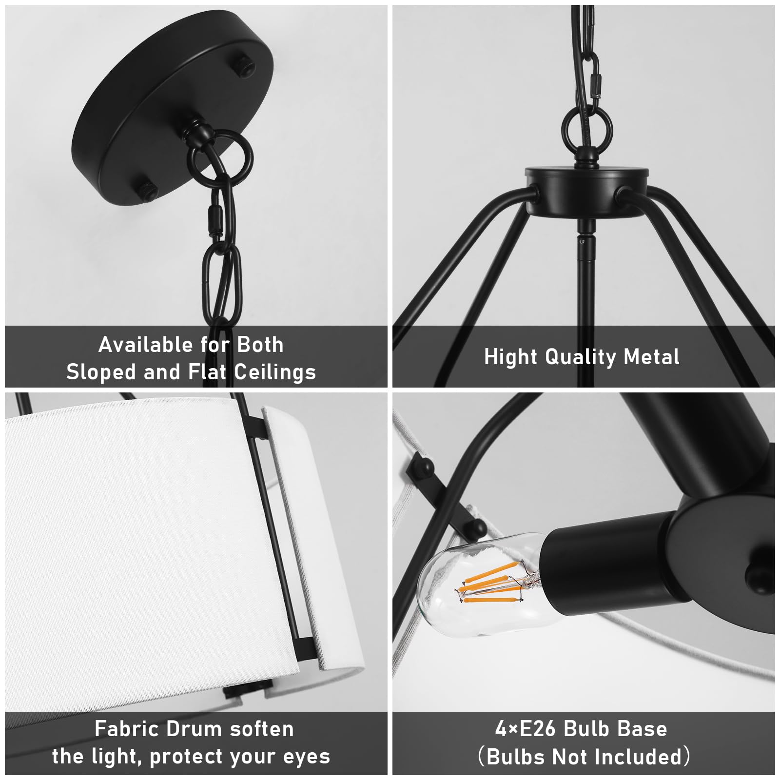Drum Pendant Light 4Lights, Fabric Drum Pendant Lighting Fixture Drum Hanging Light Simple Modern Pendant Lighting for Dining Room Hallway Foyer 