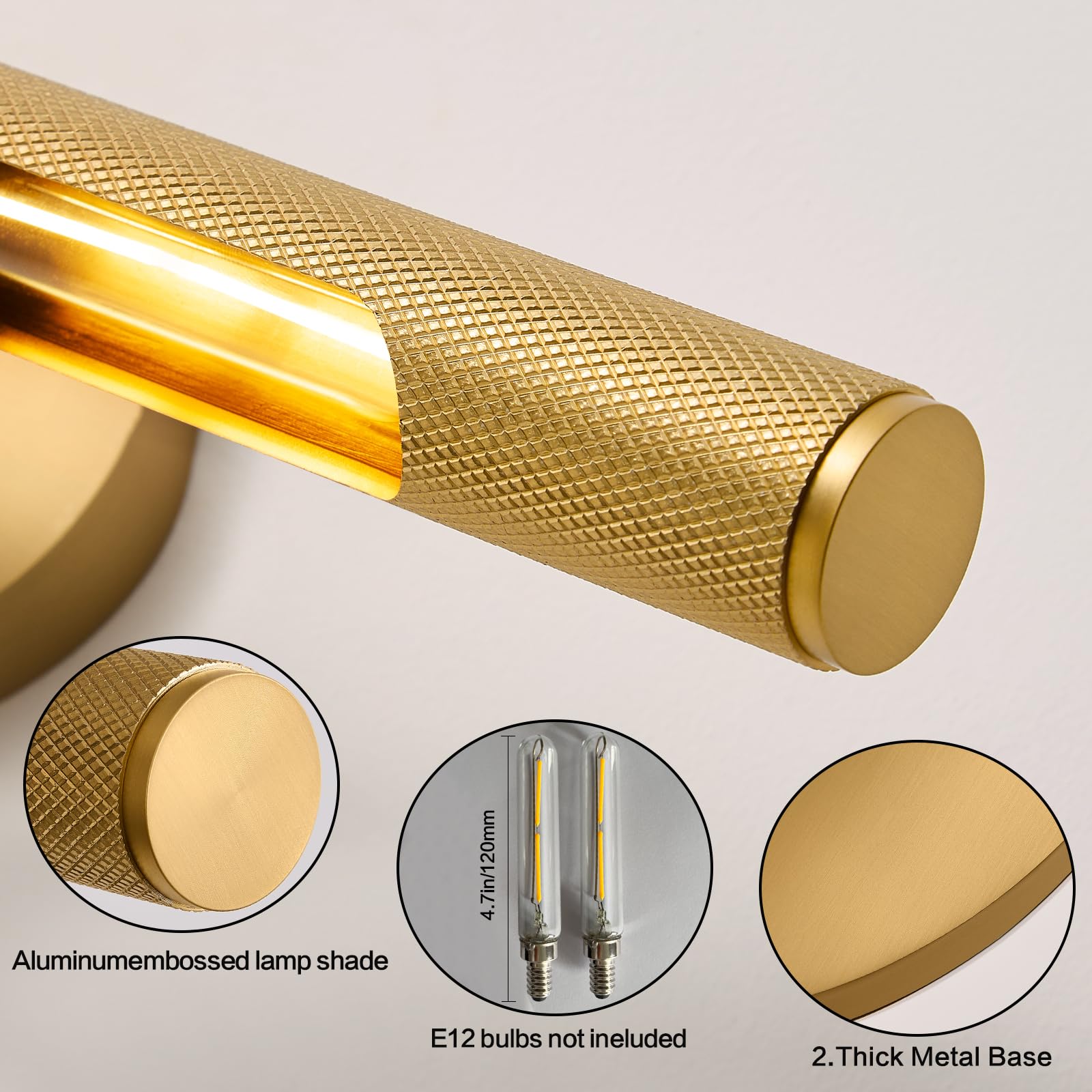 Wall Scones 19.7inch Brass Colour Vanity Mirror Lights for Pictures on Wall, Rotatable 360°Wall Lighting Linear Knurled Texture Wall Sconce, Gold Wall Lamps for Living Room Bedroom Bathroom 