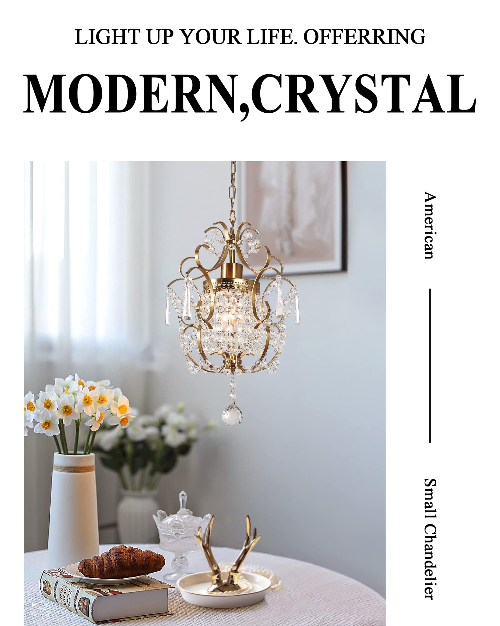 Small Crystal Chandelier, Mini Elegant Crystal Chandelier Light Fixture, 1-Light Pendant Light Fixture, Adjustable Hanging Lighting for Entryway, Bedroom, Girls Room, Kitchen Island