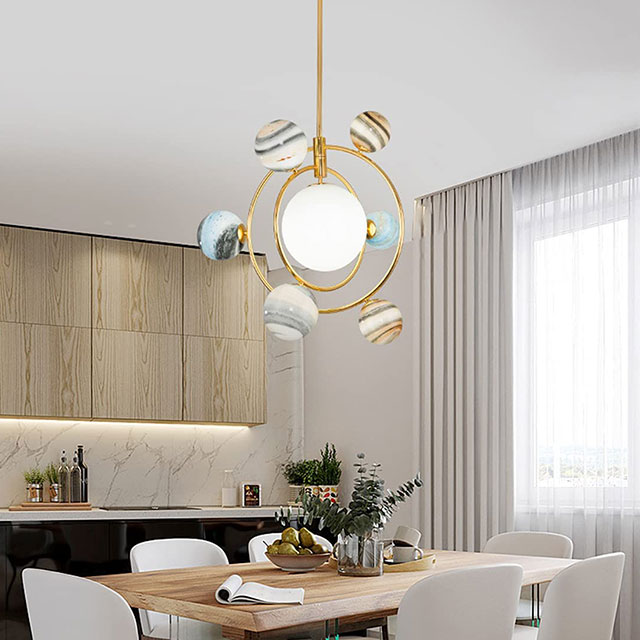 3D Planet Chandelier 7-Light Glass Pendant Lighting Gold Modern Round Hanging Lamp Fixtures with Colorful Glass Globe Shade Nordic Hanging Light